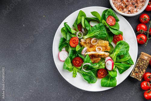 healthy salad chicken meat, vegetables, tomato, radish, green leaves mix lettuce healthy meal food snack on the table copy space food background rustic top view keto or paleo diet