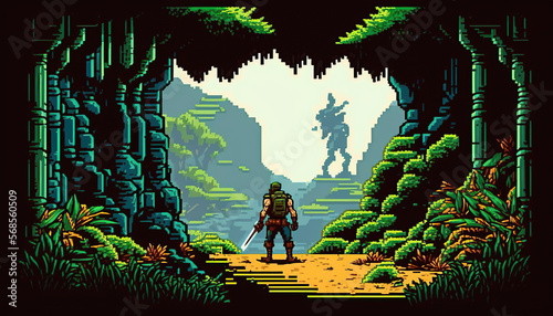 Adventure game screen, Retro computer games level. Pixel art video game scene 8 bit.