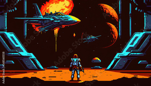 A space ship on an racetrack, Retro computer games level. Pixel art video game scene 8 bit.