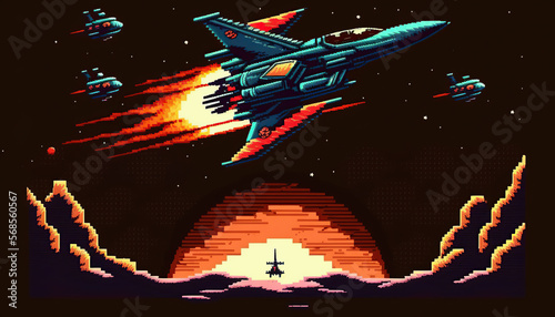 A space ship on an racetrack, Retro computer games level. Pixel art video game scene 8 bit.