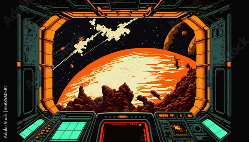 A space ship on an racetrack, Retro computer games level. Pixel art video game scene 8 bit.