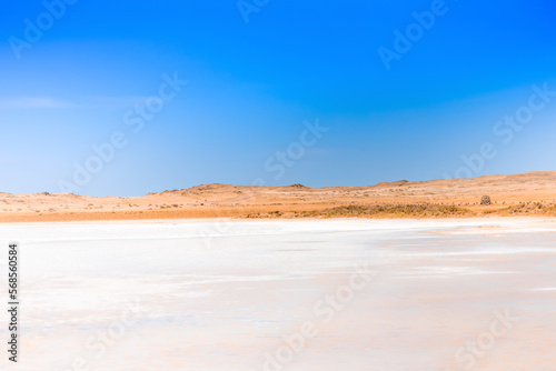 Salt lake in Ras Mohamed National Park. Ras Muhammad in Egypt at the southern extreme of the Sinai Peninsula. The empty place in desert. Travel concept.