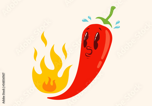 Vector illustration of a spicy chili pepper with flame in retro style. Cartoon red chili pepper for Mexican or Thai food.