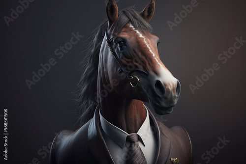 Portrait of a Horse Dressed in a Formal Business Suit, The Elegant Boss Horse, Generative Ai