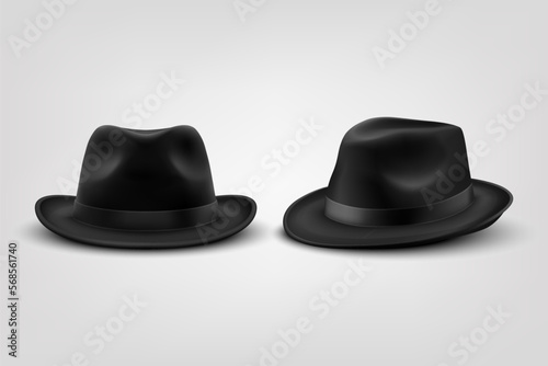 Vector 3d Realistic Black Vintage Classic Gentleman Black Hat, Cap Icon Set Closeup Isolated on White Background. Front and side, Half Turn View. Men s Unisex Hat Design Template. Vector Illustration