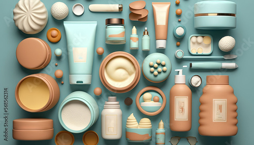  a variety of cosmetics and skin care products arranged on a blue surface with a shadow effect to the top right of the image and bottom half of the image. generative ai