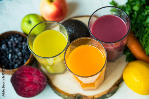 Fresh organic detox juices made of fruits and vegetables