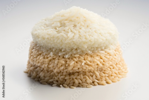  a pile of white rice sitting on top of a white table top next to a pile of brown rice on top of a white table. generative ai