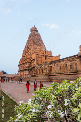 Brihadisvara temple East side view of Gopuram / Vimana with Pilgrims walking around