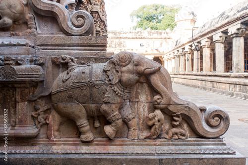Elephant sculpture on the walls steps in Thanjavur temple photo