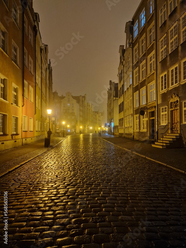 View of a fragment of a street and tenement houses, characteristic of the old town of Gdansk on a foggy winter night, Gdansk, Poland.