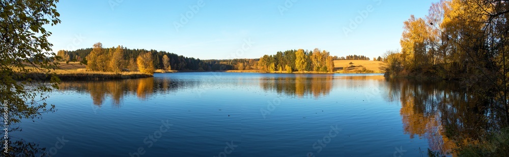 autumn view of pond and colorful autumnal forest