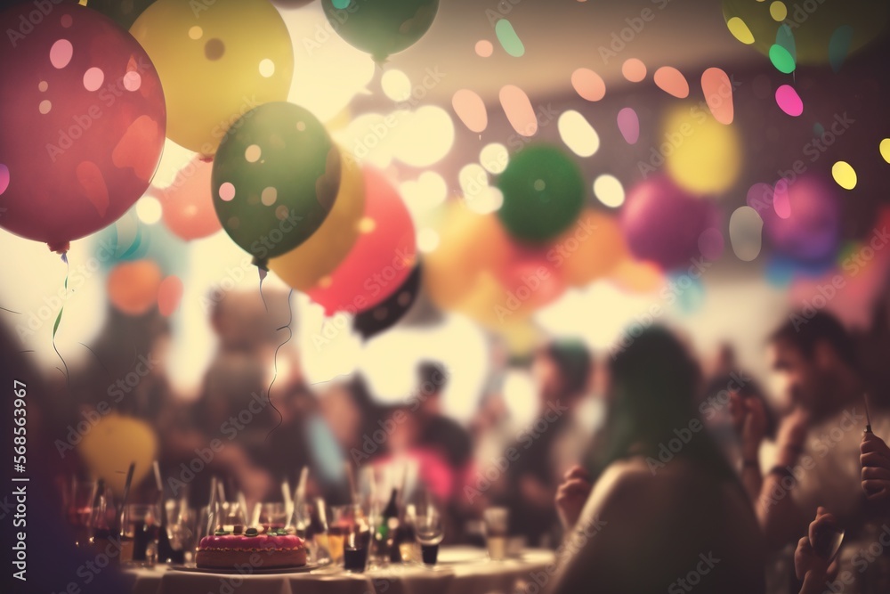 a group of people sitting around a table with a cake and balloons in ...