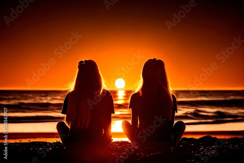Silhouettes of young beautiful girls making yoga on sunset on sand beach near the sea or ocean  meditation and harmony concept.