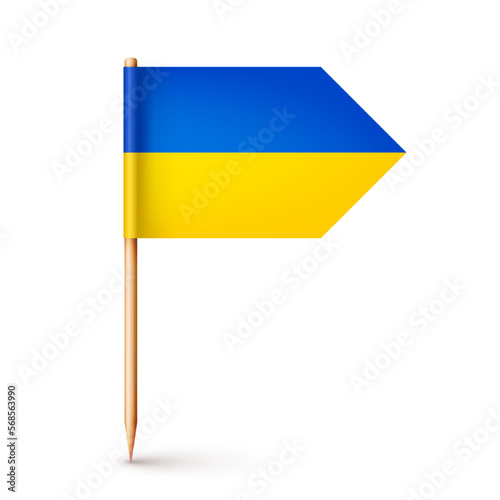 Realistic Ukrainian toothpick flag. Souvenir from Ukraine. Wooden toothpick with paper flag. Location mark, map pointer. Blank mockup for advertising and promotions. Vector illustration