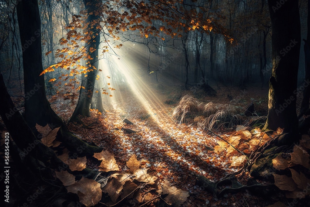a forest filled with lots of leaves and a bright light coming through the trees in the distance on a foggy day with sun shining through the leaves. generative ai a forest filled with lots of leaves and a bright light coming through the trees in the distance on a foggy day with sun shining through the leaves. generative ai