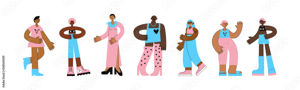 Transgender day of visibility. Set of black trans mtf and ftm people with  flag colors and lgbt symbols. Equality, diversity, inclusion, rights for  african american community. Vector flat illustration. Stock Vector
