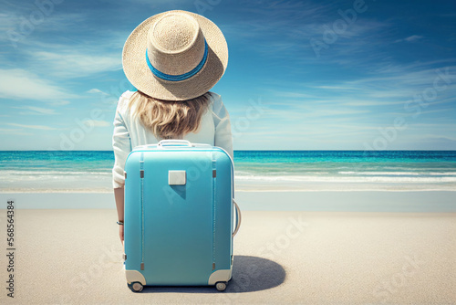 Young beautiful girl in hat on a sunny sand beach near the sea or ocean with suitcase  view from the back. Vacation  travel and tourism concept. 