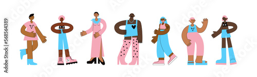 Transgender day of visibility. Set of black trans mtf and ftm people with flag colors and lgbt symbols. Equality, diversity, inclusion, rights for african american community. Vector flat illustration.