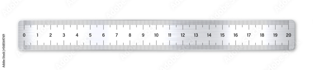 Realistic brushed metal ruler with measurement scale and divisions, measure marks. School ruler, centimeter scale for length measuring. Office supplies. Vector illustration Realistic brushed metal ruler with measurement scale and divisions, measure marks. School ruler, centimeter scale for length measuring. Office supplies. Vector illustration