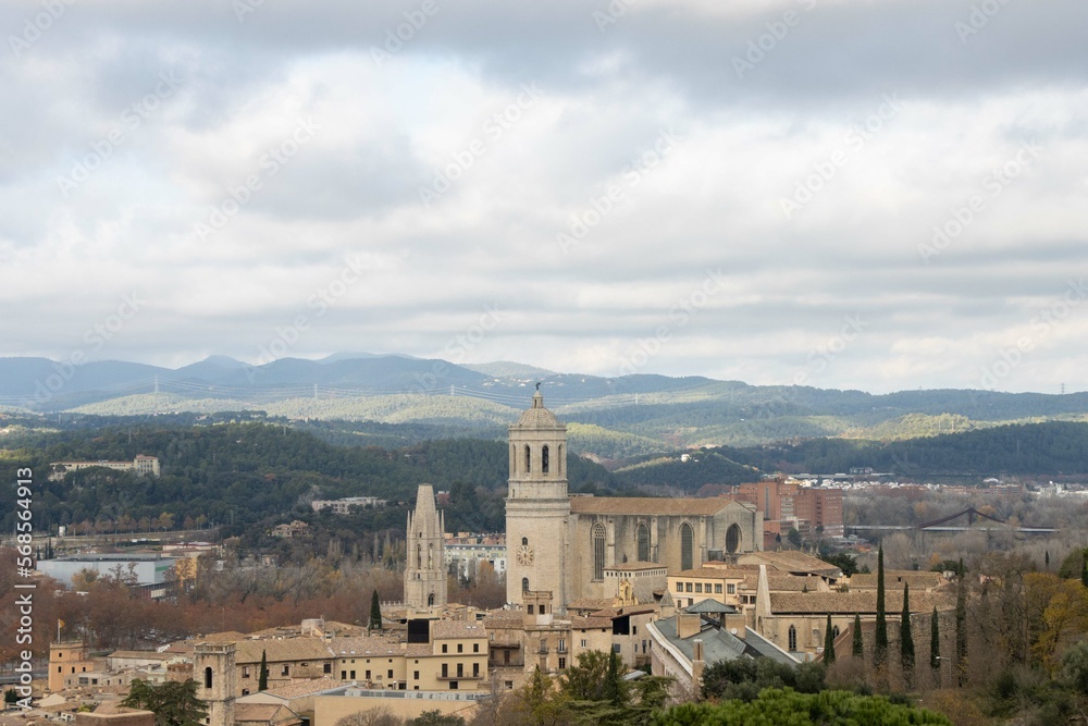Aerial panoramic view of Girona Cathedral and theBasílica de Sant Feliu