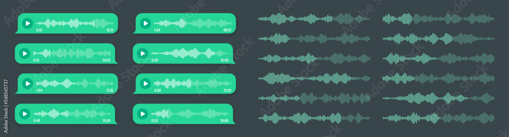 Obraz premium Voice, audio message, green speech bubble. SMS text frame. Social media chat or messaging app conversation. Voice assistant, recorder. Sound wave pattern. Dark mode. Vector illustration