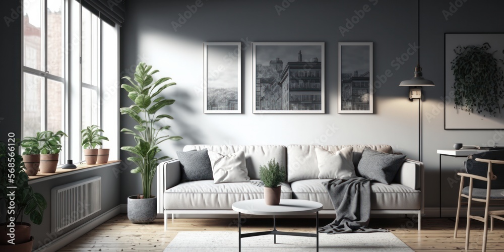 Living Room Mockup Illustration With Silver and Grey Color Scheme Living Room Mockup Illustration With Silver and Grey Color Scheme