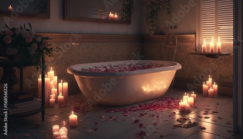  a bath tub filled with lots of candles next to a window filled with flowers and candles on the floor of a room with a mirror. generative ai