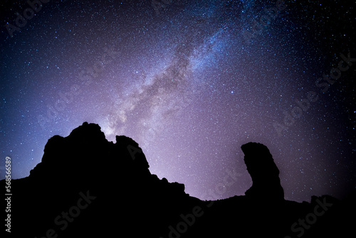 Milky way in Teide national park in Tenerife, canary island. background stars over a massive rock formation