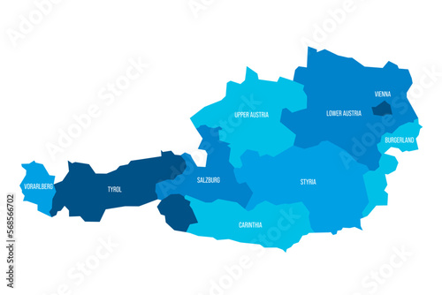 Austria political map of administrative divisions - federal states. Flat blue vector map with name labels.