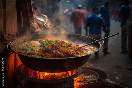  a wok full of food being cooked on a grill with people walking by in the background in a busy street at night, with a lot of people walking around. generative ai