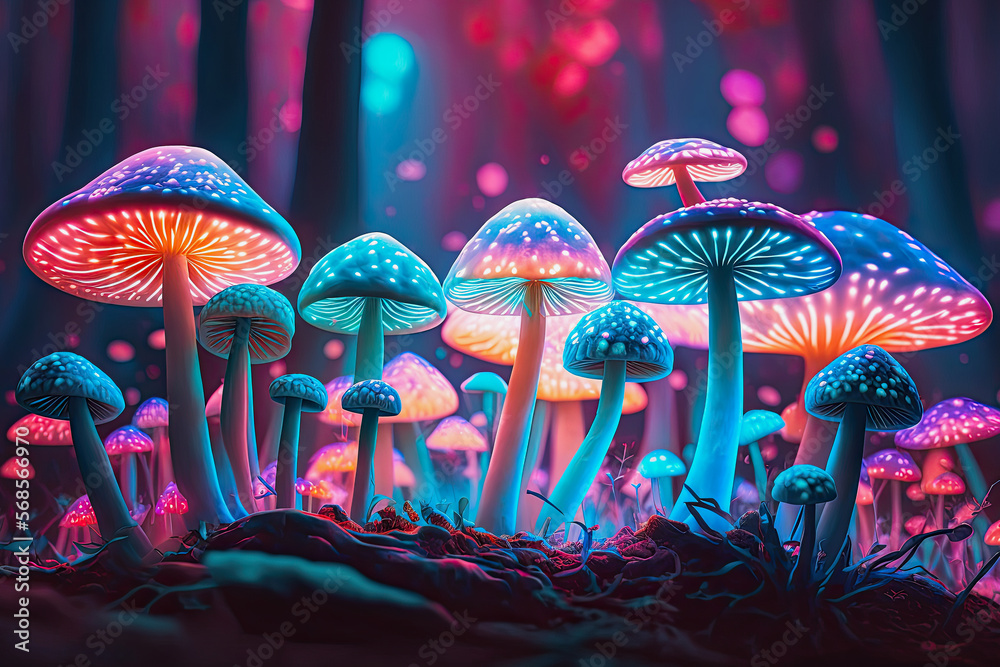 ai midjourney illustration of blue glowing lit mushrooms - obrazy, fototapety, plakaty 