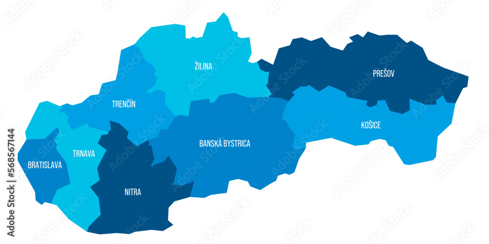 Slovakia political map of administrative divisions - regions. Flat blue vector map with name labels.