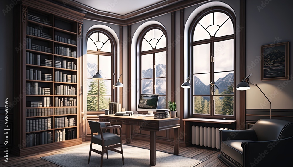  a room with a desk, chair, bookshelf, and a window with a view of the mountains outside of the window and a chair.  generative ai