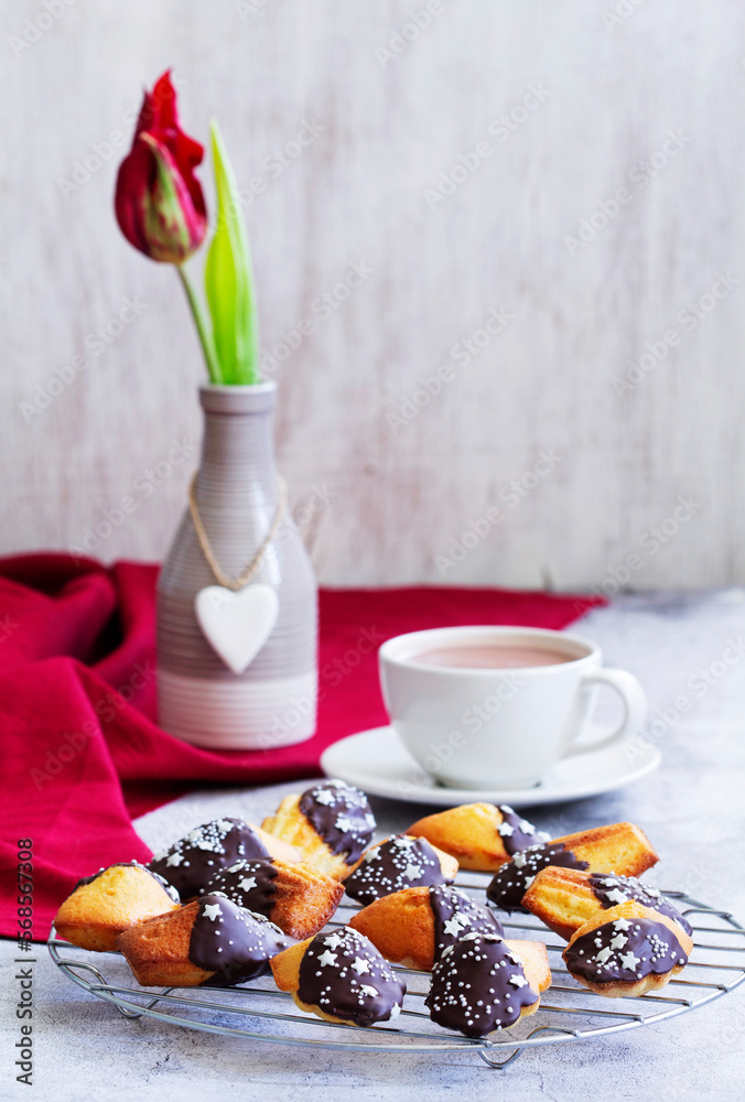 Traditional French Madeleine served with coffee, Valentine's Day.