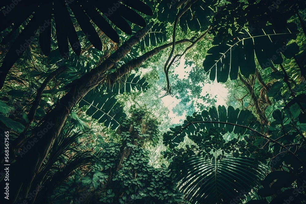 Obraz premium a forest filled with lots of green trees and leaves on top of it's branches and leaves on the bottom of the trees and bottom of the leaves. generative ai