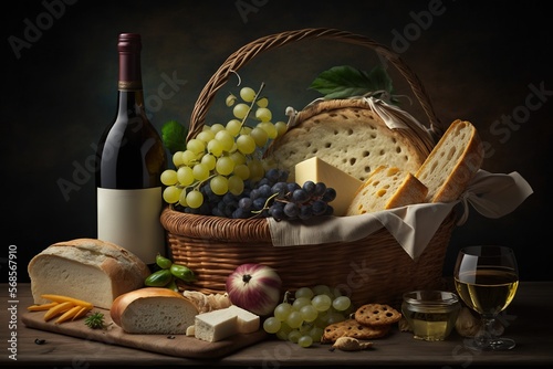  a basket of bread, grapes, cheese, bread and wine on a table with a glass of wine and a bottle of wine in the background. generative ai