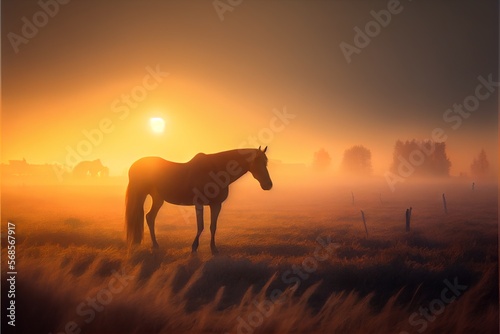 country landscape with a wild horse at sunset