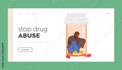 Stop Drug Abuse Landing Page Template. Depressed Man Sitting inside of Bottle with Medical Tablets