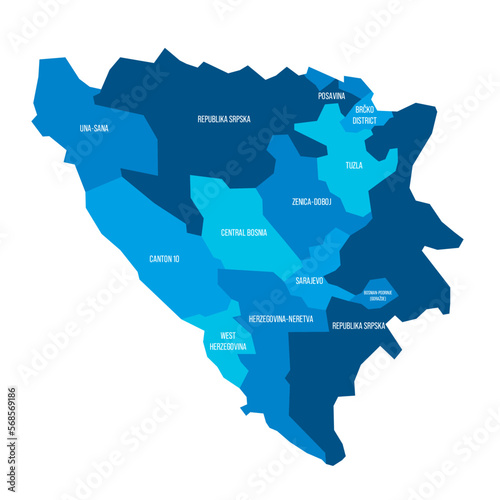 Bosnia and Herzegovina political map of administrative divisions - cantons of Federation of Bosnia and Herzegovina and Republika Srpska. Flat blue vector map with name labels.
