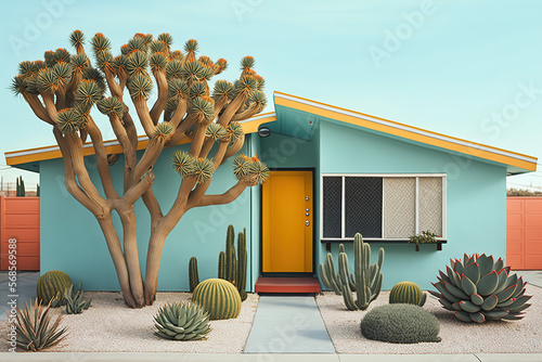 Desert House Cartoon, Blue Desert Home Concept, Palm Springs House Design, Desert Home Architecture, Palm Trees, Cactus, Vacation Home, One Story House, Colorful House Illustration, Blue House Cartoon photo