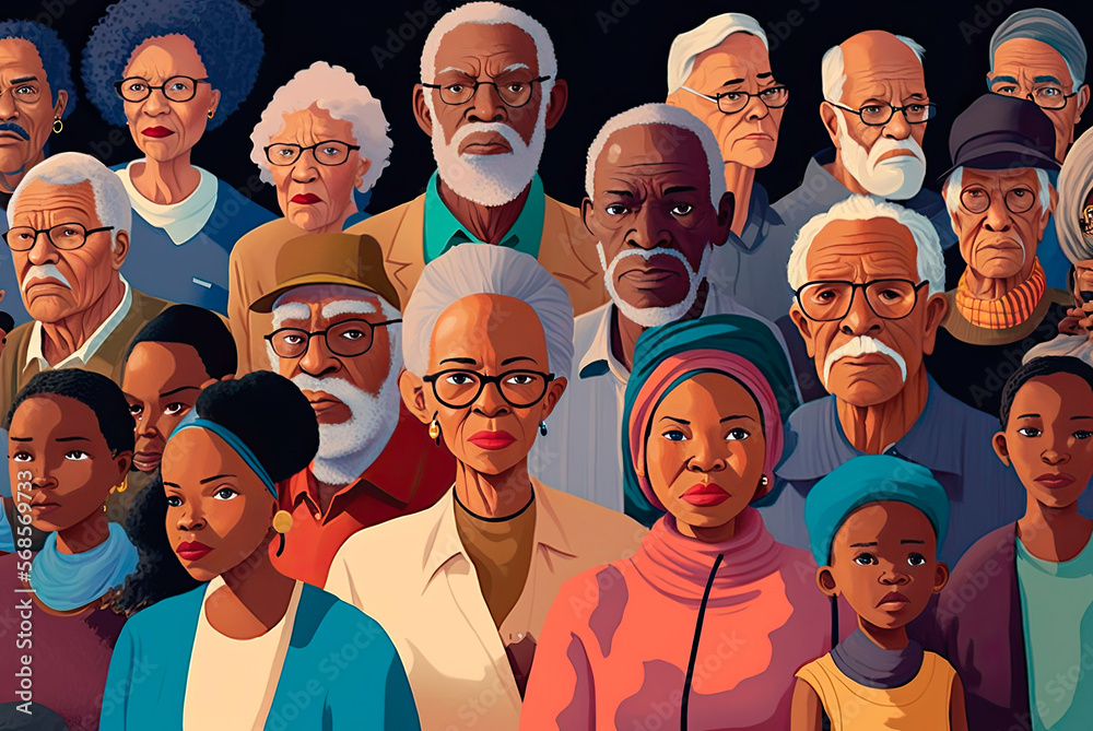 Illustration showing a group of black people of different ages. Generative AI