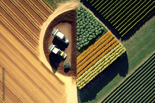 Regenerative agriculture, improving soil health and biodiversity concept with aerial drone view fields. AI generative