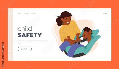 Child Safety Landing Page Template. Little Boy Sitting On Car Baby Seat With Mother Holding Him While Fasten Safety Belt