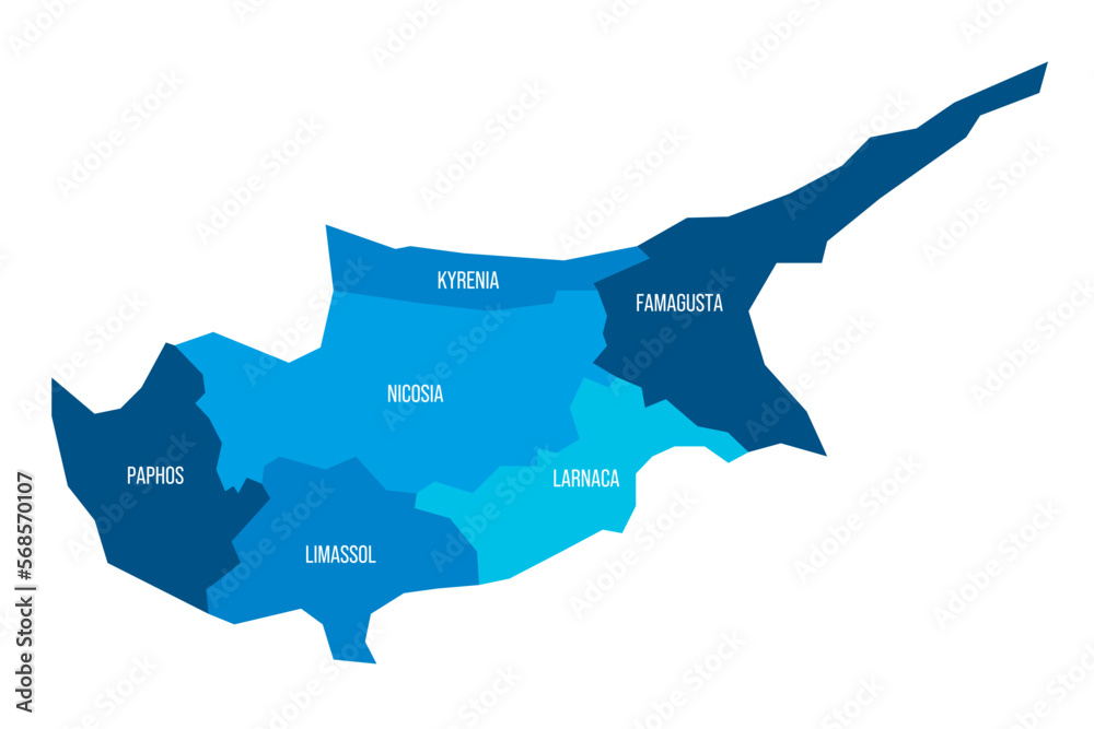 Cyprus political map of administrative divisions - districts. Flat blue ...