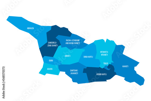 Georgia political map of administrative divisions - regions and autonomous republics of Abkhasia and Adjara. Flat blue vector map with name labels.