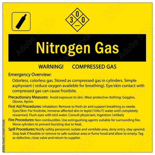 Nitrogen warning chemical sign and labels nitrogen gas emergency overview