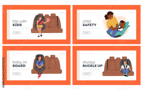 Children Sit in Car Seat Landing Page Template Set. Happy Boy And Girl Sit In Vehicle Chair during Travel With Family