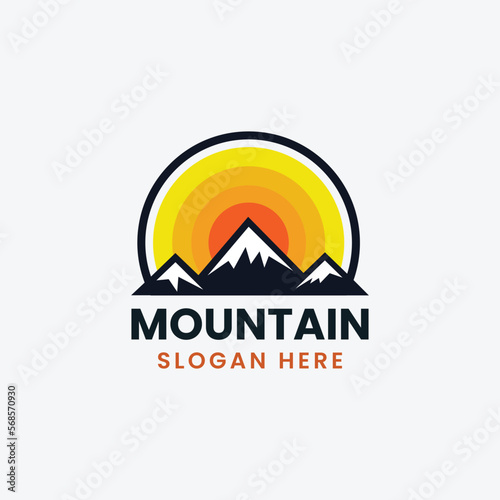 Mountain logo design template with sun  simple flat design mountain logo.
