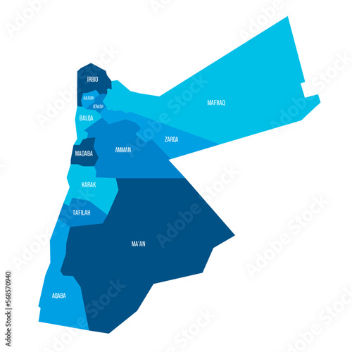 Jordan political map of administrative divisions - governorates. Flat blue vector map with name labels.